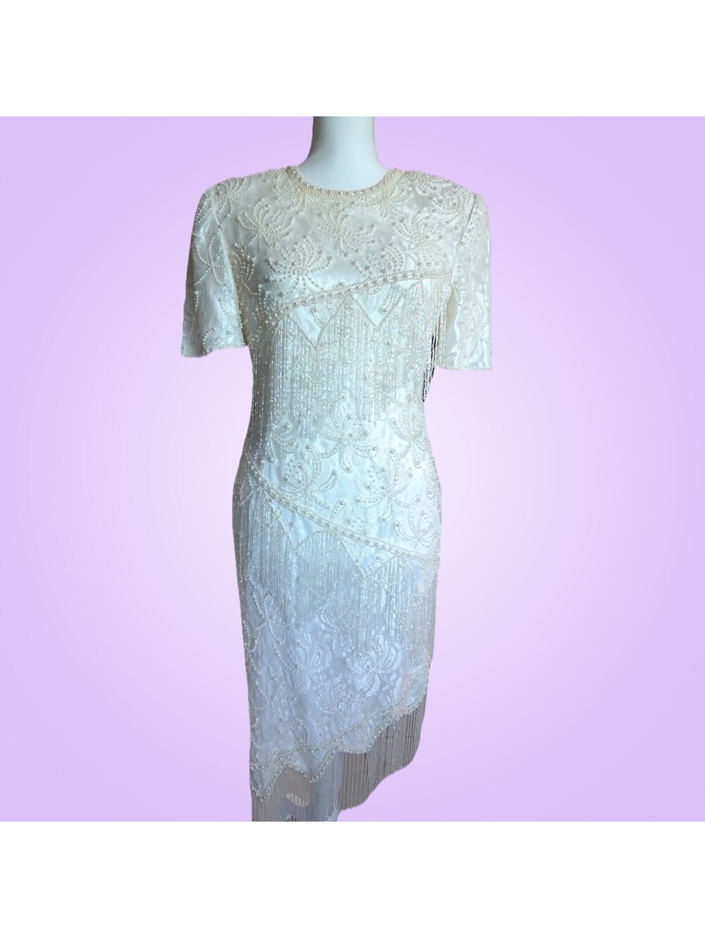 Vintage Scala Ivory Pearl Beaded Fringe Asymmetrical Dress Size M Y2K